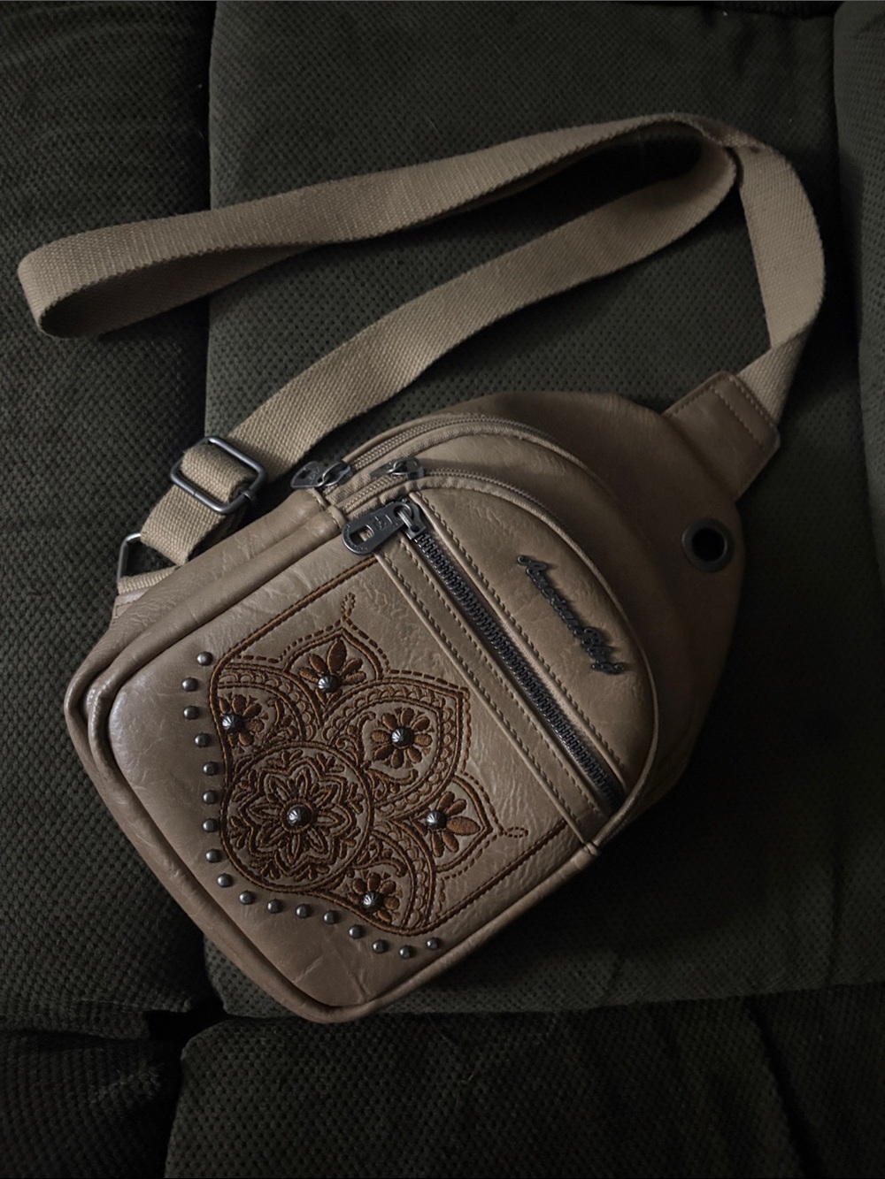 Women's Embroidered Tan Crossbody Sling Bag